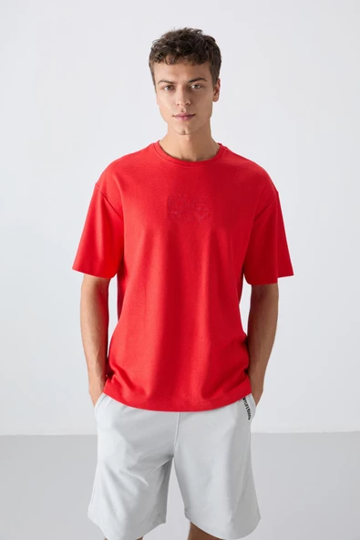 Fiesta Pamuklu Kalın Yüzeyi Dokulu Oversize Fit Baskılı Erkek T-Shirt - 88336 - Resim 4