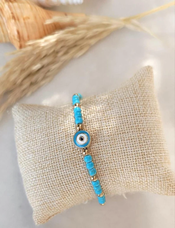 Bileklik Nazar Göz Model Dogal Taş Turkuaz Ayarlanabilir İp Bileklik Hediye Takı ürün görseli 1