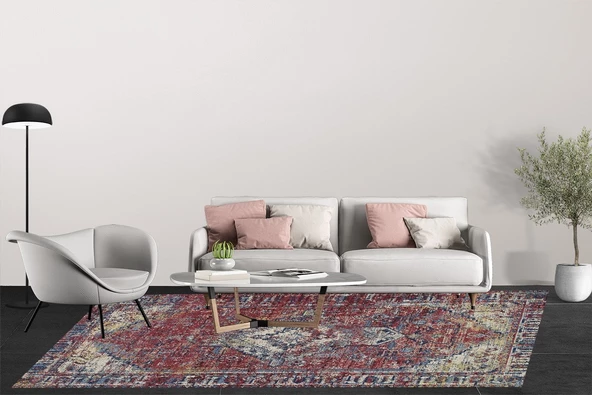 Klasik Kırmızı Salon&Oturma Odası Yolluk&Yatak Odası Dijital Baskılı Makinede Yıkanabilir Kaymaz Taban Saçaklı Halı HK002 - 4
