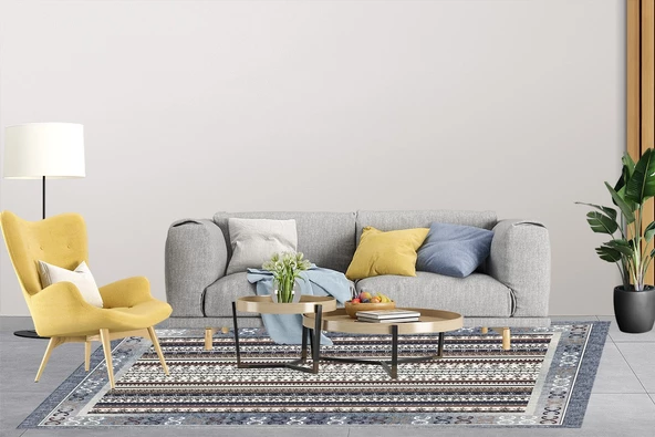 Klasik Gri Salon&Oturma Odası Yolluk&Yatak Odası Dijital Baskılı Makinede Yıkanabilir Kaymaz Taban Saçaklı Halı HK005 - Resim 4