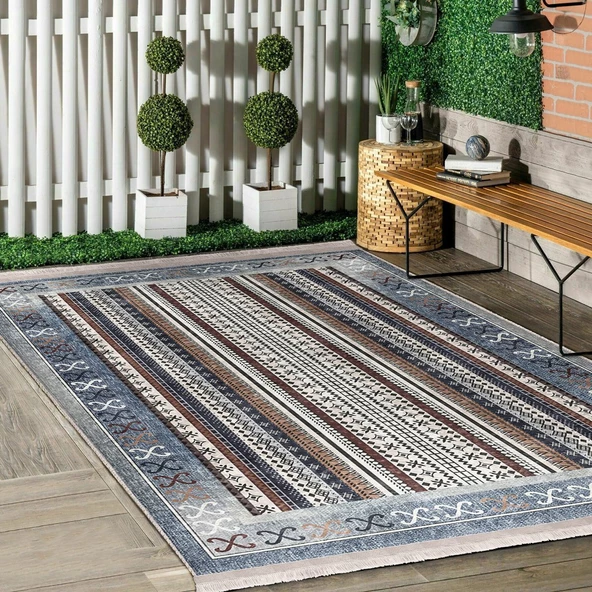 Klasik Gri Salon&Oturma Odası Yolluk&Yatak Odası Dijital Baskılı Makinede Yıkanabilir Kaymaz Taban Saçaklı Halı HK005 - Resim 3