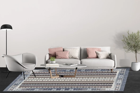 Klasik Gri Salon&Oturma Odası Yolluk&Yatak Odası Dijital Baskılı Makinede Yıkanabilir Kaymaz Taban Saçaklı Halı HK005 - Resim 5