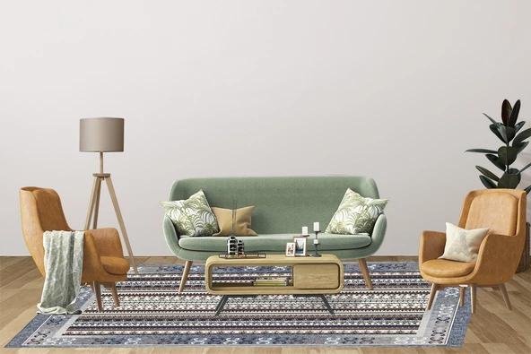 Klasik Gri Salon&Oturma Odası Yolluk&Yatak Odası Dijital Baskılı Makinede Yıkanabilir Kaymaz Taban Saçaklı Halı HK005 - Resim 6