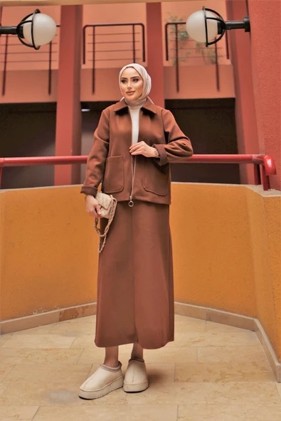 Fermuar ve Cep Detaylı Kaşe Etekli Takım - 7