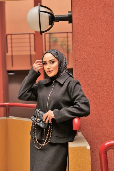 Fermuar ve Cep Detaylı Kaşe Etekli Takım - 5