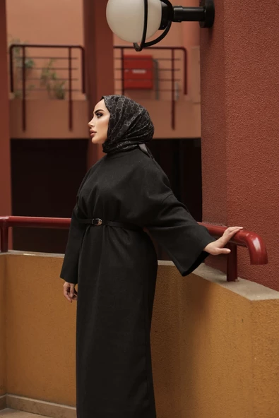 Bisiklet Yaka Yarasa Kollu Seyyar Kemerli Arya Kaşe Elbise - 10