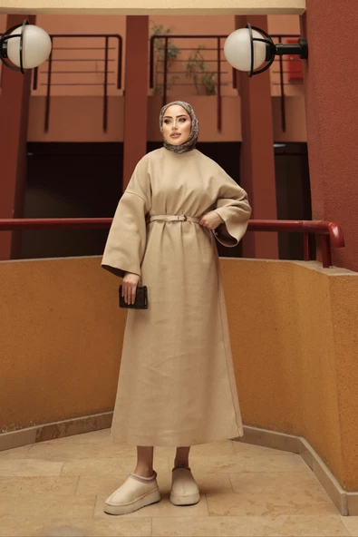 Bisiklet Yaka Yarasa Kollu Seyyar Kemerli Arya Kaşe Elbise - 6