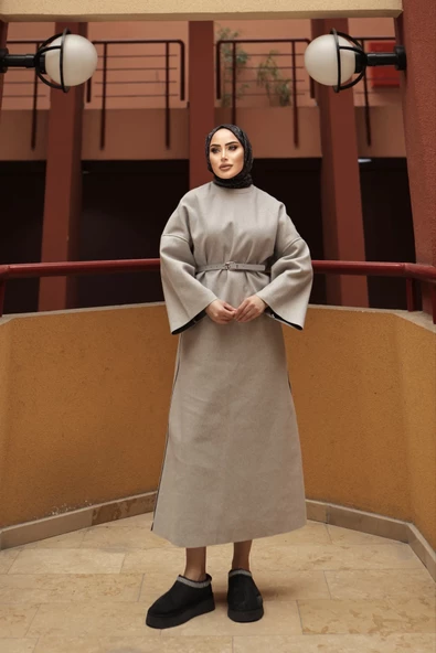 Bisiklet Yaka Yarasa Kollu Seyyar Kemerli Arya Kaşe Elbise - 7