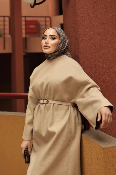 Bisiklet Yaka Yarasa Kollu Seyyar Kemerli Arya Kaşe Elbise - 11