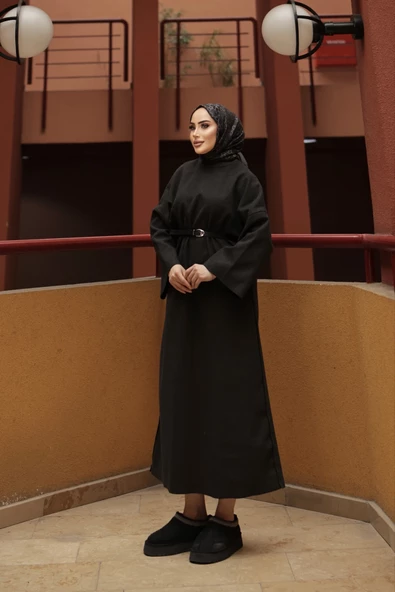 Bisiklet Yaka Yarasa Kollu Seyyar Kemerli Arya Kaşe Elbise - 9