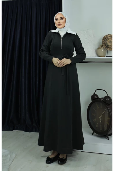 Önden Fermuarlı Seyyar Kemerli Gömlek Yaka Scuba Elbise - 2