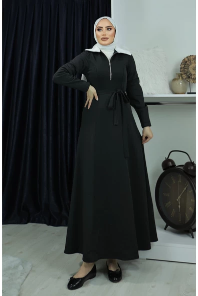 Önden Fermuarlı Seyyar Kemerli Gömlek Yaka Scuba Elbise - 3