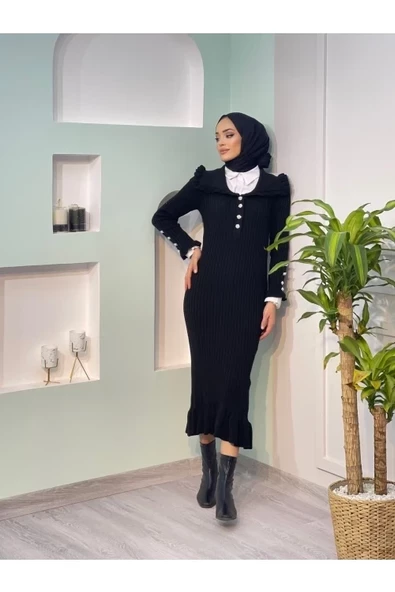 Düğme Detaylı Fitilli Triko Elbise - 2
