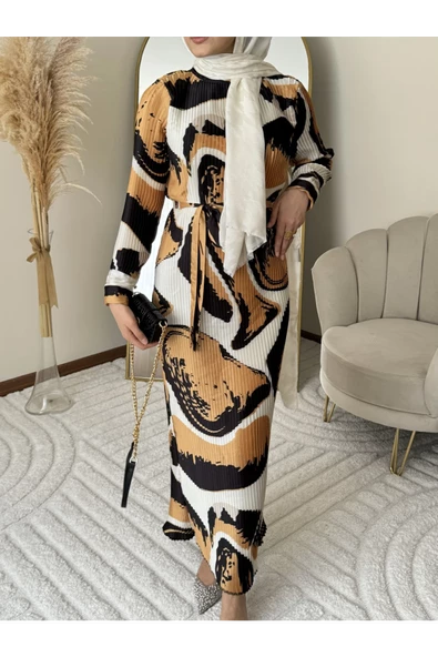 ELB004 PİLİSELİ KEMERLİ ELBİSE - 11