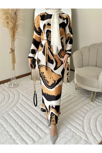 ELB004 PİLİSELİ KEMERLİ ELBİSE - 10