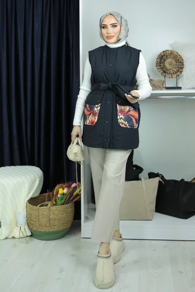 Kapitone Ön Patlı Cep Desenli Fermuarlı Grace Yelek - Resim 4