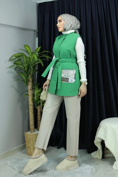 Kapitone Ön Patlı Cep Desenli Fermuarlı Grace Yelek - Resim 6