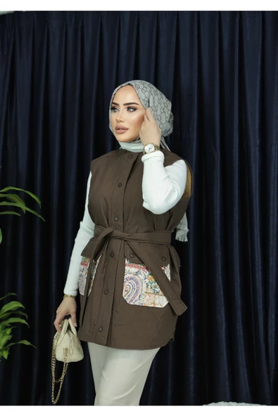 Kapitone Ön Patlı Cep Desenli Fermuarlı Grace Yelek - Resim 9