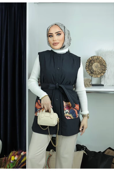 Kapitone Ön Patlı Cep Desenli Fermuarlı Grace Yelek - Resim 11