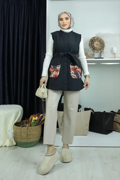 Kapitone Ön Patlı Cep Desenli Fermuarlı Grace Yelek - Resim 10