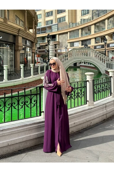 FRC001 Gizli Fermuarlı Cepli İşlemeli Kuşaklı Ferace - 8