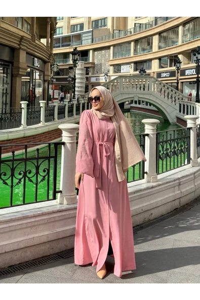 FRC001 Gizli Fermuarlı Cepli İşlemeli Kuşaklı Ferace - 5