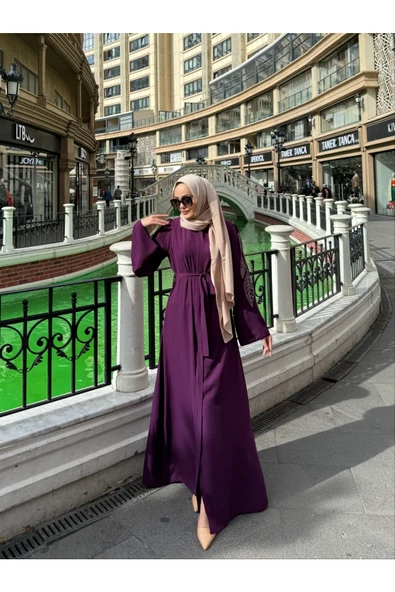 FRC001 Gizli Fermuarlı Cepli İşlemeli Kuşaklı Ferace - 10