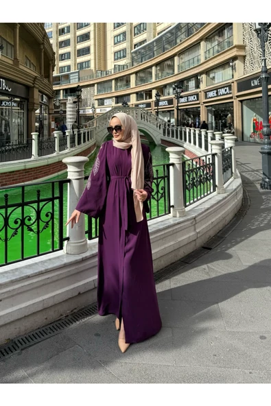 FRC001 Gizli Fermuarlı Cepli İşlemeli Kuşaklı Ferace - 9