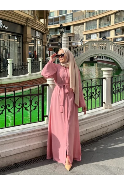 FRC001 Gizli Fermuarlı Cepli İşlemeli Kuşaklı Ferace - 4