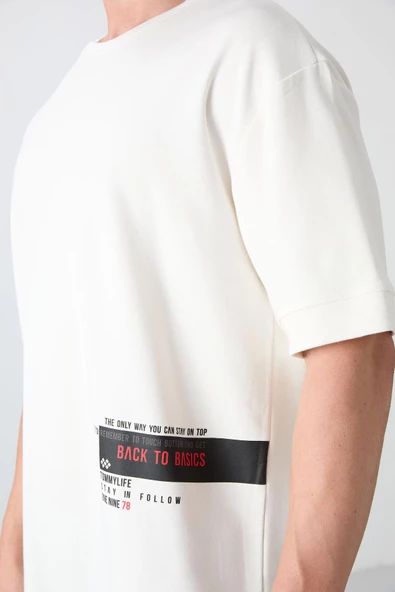 Ekru Pamuklu Kalın Yumuşak Dokulu Oversize Fit Baskılı Erkek T-Shirt - 88322 - 2