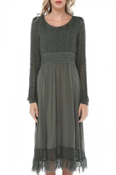 Kuş Gözlü Saçaklı Haki Triko Kadın Elbise - 2