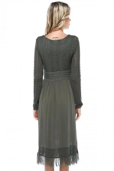 Kuş Gözlü Saçaklı Haki Triko Kadın Elbise - 4