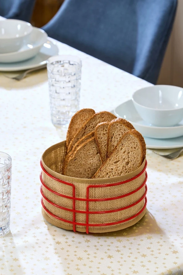 Kırmızı Yuvarlak Ekmek Sepeti Jüt Kumaş Bezi,  Sunum Sepet Ekmeklik - Çok Amaçlı Metal Paslanmaz
