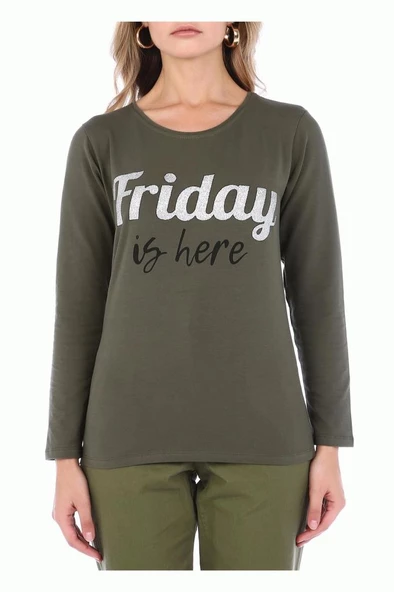 Bisiklet Yaka Uzun Kollu Friday Baskılı Haki Kadın Tişört - 3