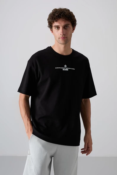 Sıyah/Beyaz Pamuklu Kalın Yumuşak Dokulu Oversize Fit Baskılı Erkek T-Shirt - 88321 - 2