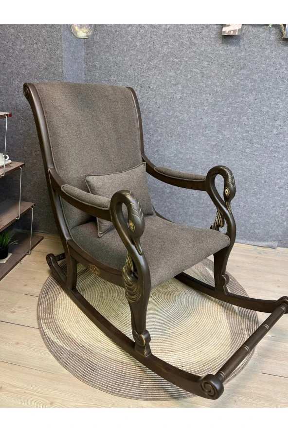 Asedia Vintage Kuğu Ceviz Kahve El Oyması Ahşap Sallanan Sandalye Dinlenme Koltuğu Berjer
