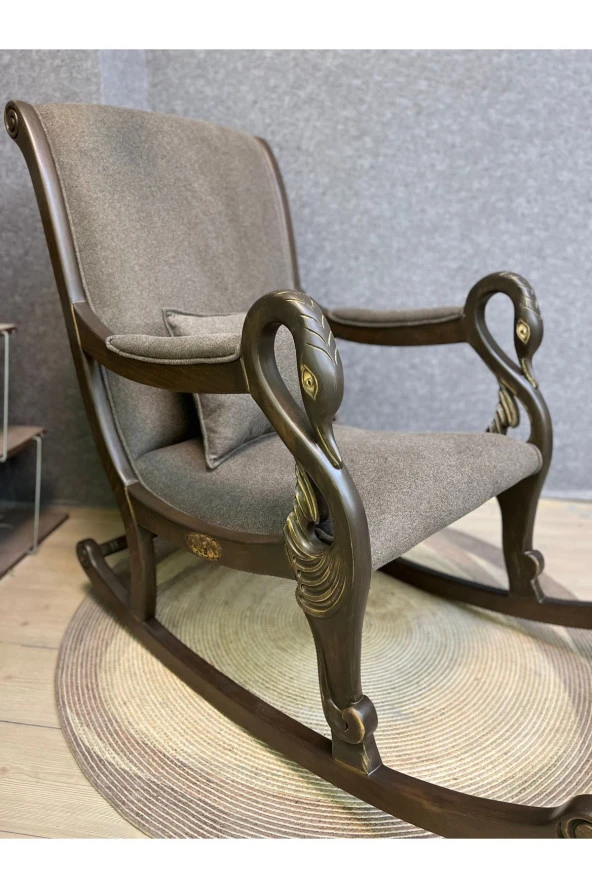 Asedia Vintage Kuğu Ceviz Kahve El Oyması Ahşap Sallanan Sandalye Dinlenme Koltuğu Berjer - Resim 2