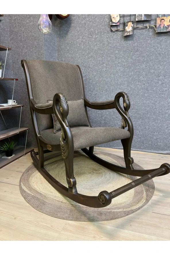 Asedia Vintage Kuğu Ceviz Kahve El Oyması Ahşap Sallanan Sandalye Dinlenme Koltuğu Berjer - Resim 3