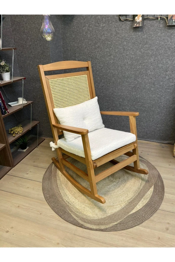 Asedia Veranda Naturel Teddy Krem Minderli Hasırlı Sallanan Sandalye Hazeranlı Dinlenme Koltuğu - Resim 3