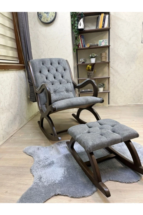 Asedia Rustik Ceviz Natura Gri Sallanan Sandalye Dinlenme Emzirme Baba Tv Okuma Uzanma Koltuğu - Resim 2