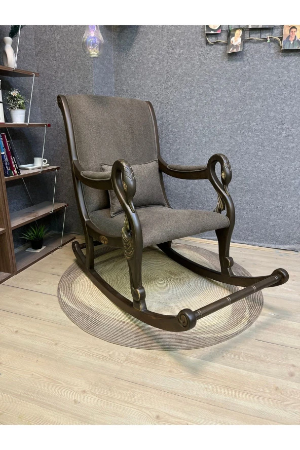 Asedia Vintage Kuğu Ceviz Kahve El Oyması Ahşap Sallanan Sandalye Dinlenme Koltuğu Berjer - Resim 4