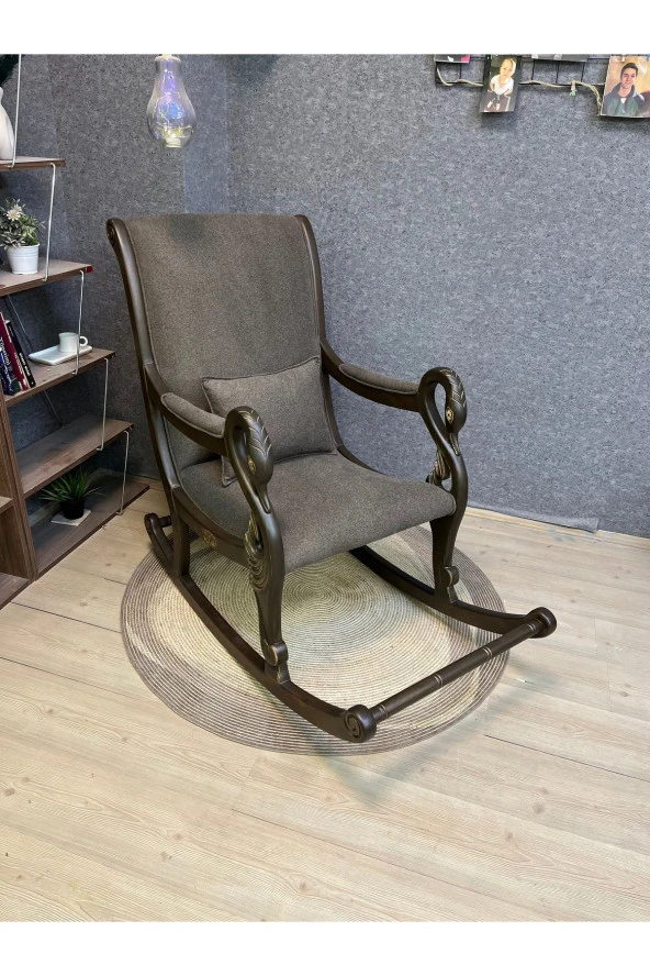 Asedia Vintage Kuğu Ceviz Kahve El Oyması Ahşap Sallanan Sandalye Dinlenme Koltuğu Berjer - Resim 5