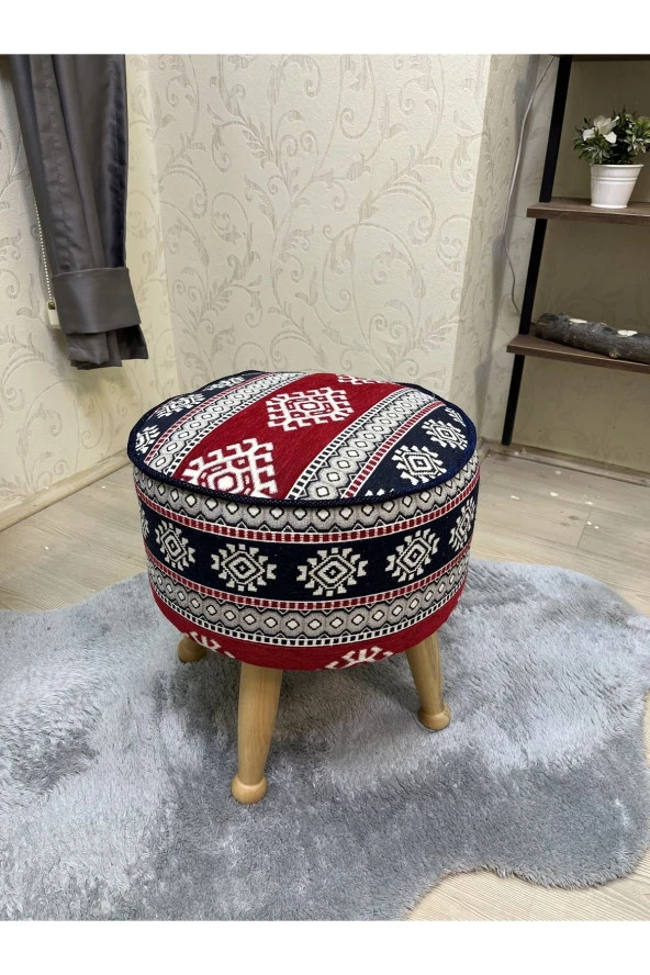 Asedia Miskin Naturel Kilim Desen Yuvarlak Puf Ayakucu Tabure