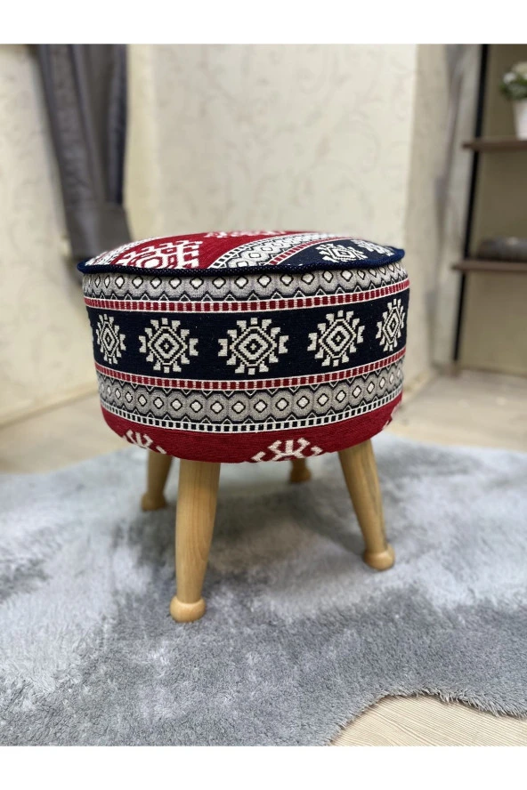 Asedia Miskin Naturel Kilim Desen Yuvarlak Puf Ayakucu Tabure - Resim 3