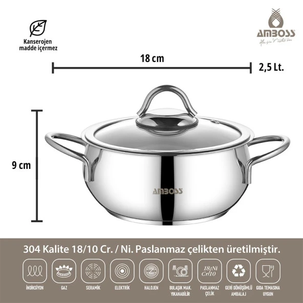 Amboss 7 Parça Grand Paslanmaz Çelik Tüm Ocaklara Uygun Tencere ve Çaydanlık Seti - Resim 5