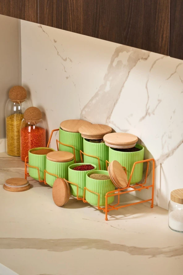 Turuncu Standlı 7 Bölmeli Porselen Baharat Takımı Bambu Kapaklı Mutfak Düzenleyici - Metal Paslanmaz