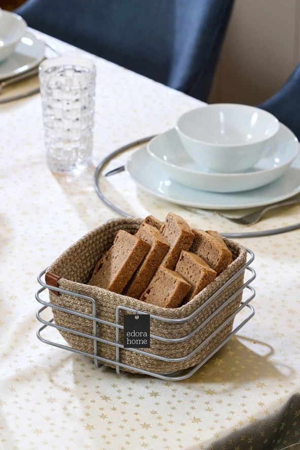 Gümüş Oval Köşeli Kare Ekmek Sepeti Şık, Ekmeklik Hasır Örmeli Makrome - Çok Amaçlı Metal Paslanmaz