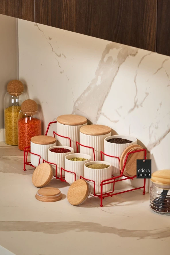 Kırmızı Standlı 7 Bölmeli Porselen Baharat Takımı Bambu Kapaklı Mutfak Düzenleyici - Metal Paslanmaz