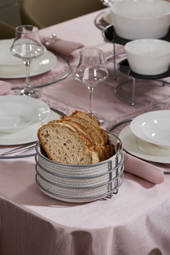 Gümüş Yuvarlak Ekmek Sepeti Şık, Ekmeklik Hasır Örmeli Makrome - Çok Amaçlı Metal Paslanmaz
