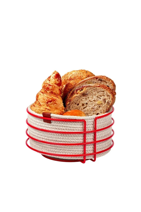 Kırmızı Yuvarlak Ekmek Sepeti Şık, Ekmeklik Hasır Örmeli Makrome - Çok Amaçlı Metal Paslanmaz